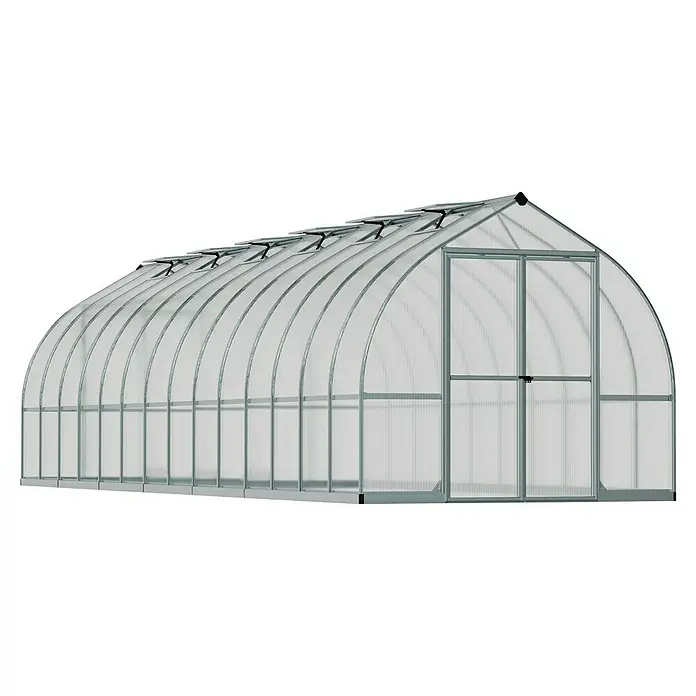 Palram – Canopia Gewächshaus Bella - Außenmaß inkl. Dachüberstand (B x T): 244 x 843 cm, 6 mm, Silber - Gewölbtes Gewächshaus mit lichtdurchlässigen Polycarbonatplatten, grauem Metallrahmen, Dachlüftungsfenstern und einer Vordertür.