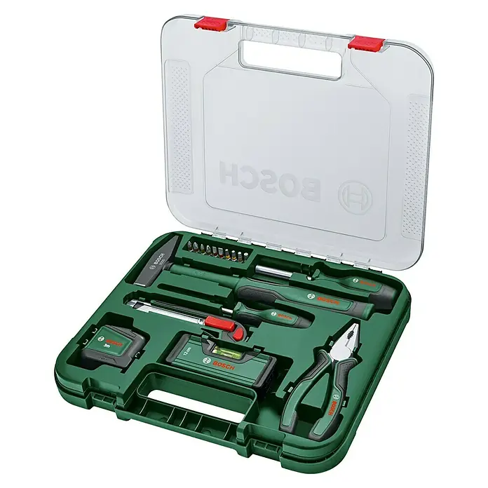 Bosch Maletín de herramientas - 17 pzs. - Maletín de herramientas Bosch con martillo, destornilladores, alicates, nivel, cinta métrica y juego de puntas para bricoladores.