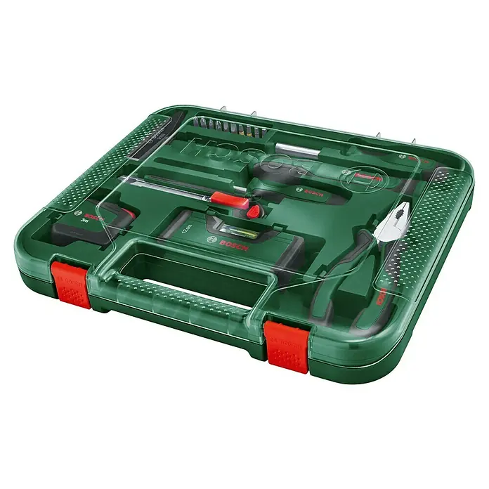 Bosch Maletín de herramientas - 17 pzs. - Kit de herramientas Bosch con varias herramientas como destornilladores, alicates y nivel para aficionados al bricolaje y profesionales.