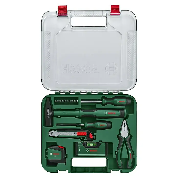 Bosch Maletín de herramientas - 17 pzs. - Maletín de herramientas Bosch con martillo, destornillador, cinta métrica y nivel para aficionados al bricolaje.