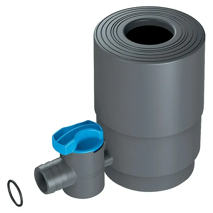 Arves Regensammler mit Wasserhahn - Grau - Das Bild zeigt einen grauen IBC-Tankadapter mit blauem Hahn und schwarzem Dichtungsring auf schwarzem Hintergrund.