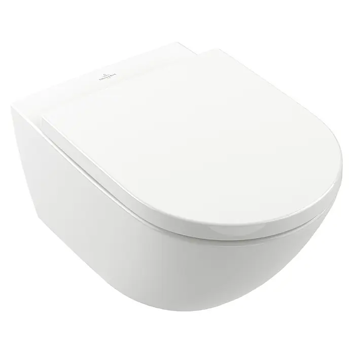 Villeroy & Boch Subway 3.0 WC-Sitz - Duroplast, Weiß Alpin, Mit Absenkautomatik, Mit antibakterieller Glasur - Weißes Villeroy & Boch Wand-WC mit geschlossenem Deckel.
