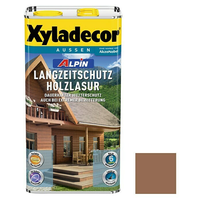 Xyladecor Langzeitschutz-Holzlasur Alpin (Kastanie, 5 l, Seidenglänzend, Lösemittelbasiert)