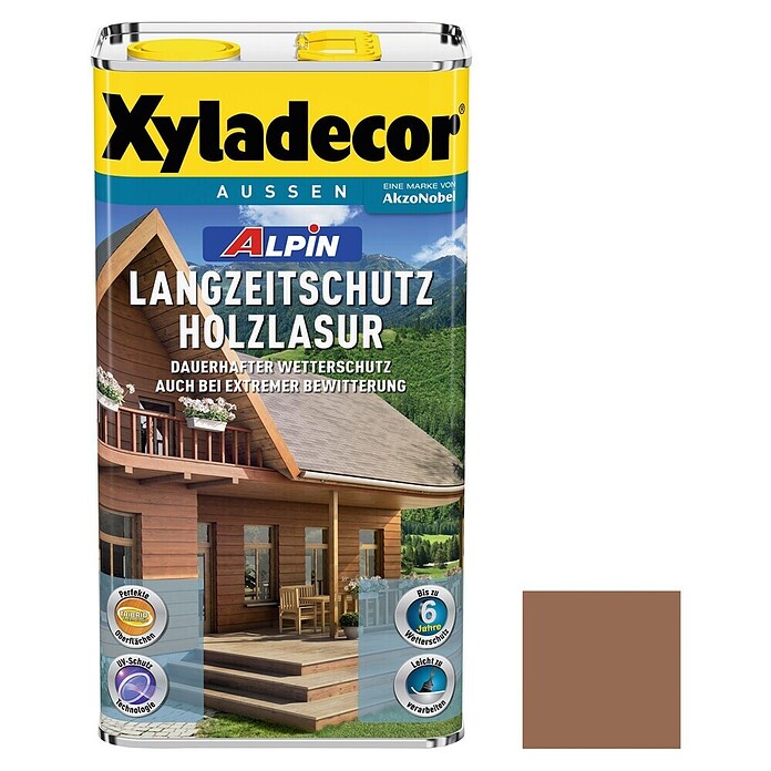 Xyladecor Langzeitschutz-Holzlasur Alpin (Kastanie, 5 l, Seidenglänzend, Lösemittelbasiert)