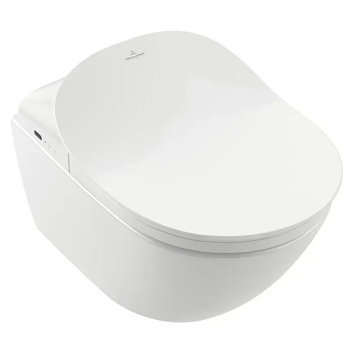 Villeroy & Boch Subway 3.0 Wand-WC - Spülrandlos, Mit antibakterieller Glasur, Spülform: Tief, WC Abgang: Waagerecht, Weiß Alpin - Weißes wandhängendes Smart-WC mit geschlossenem Deckel.