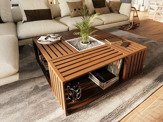 DIY Couchtisch aus 4 Holzkisten im Wohnzimmer platziert, Deko und Zimmerpflanze am Tisch