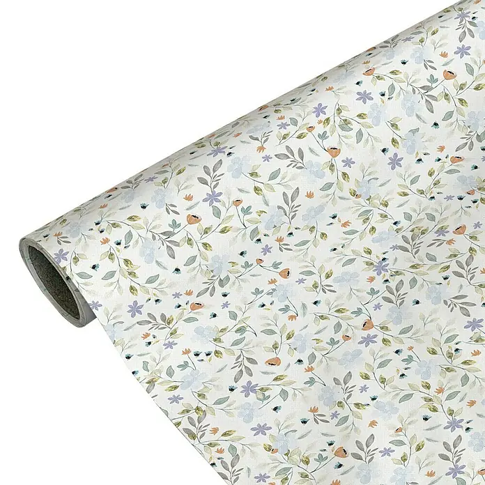 Lámina decorativa autoadhesiva vinílico Premium - 90 x 280 cm, Nastia, Multicolor - Primer plano de un rollo de papel de regalo con un delicado estampado floral en tonos pastel, ideal para una presentación elegante de regalos.