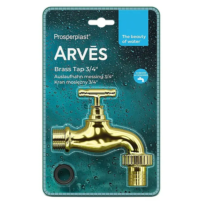 Arves Auslaufhahn - Farbe: Gold - Goldfarbener Messinghahn 3/4" in klarer Verpackung mit Wassertropfen und schwarzer Dichtung.