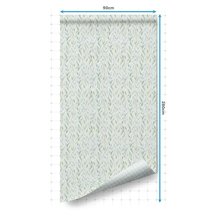 Lámina decorativa autoadhesiva vinílico Premium - 90 x 280 cm, Sauce, Verde - Imagen de un rollo de papel tapiz elegante con diseño de hojas, de 90 cm de ancho y 280 cm de alto, que añade un toque natural.