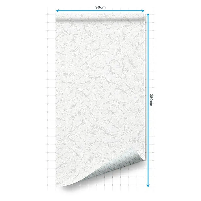 Lámina decorativa autoadhesiva vinílico Premium - 90 x 280 cm, India, Blanco - Rollo de papel pintado con elegante diseño de hojas en blanco y gris. El papel pintado mide 90 cm de ancho y 280 cm de largo, ideal para decorar paredes.