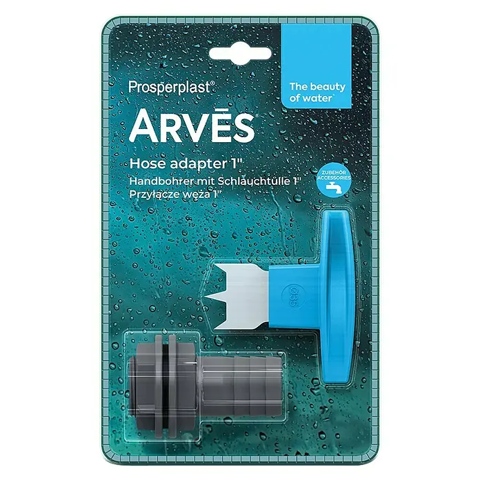 Arves Handbohrer-Set mit Schlauchtülle - Größe Anschluss: 1″ - Blauer Handbohrer (Ø35) mit Spatenkopf und grauer 1-Zoll-Schlauchadapter.