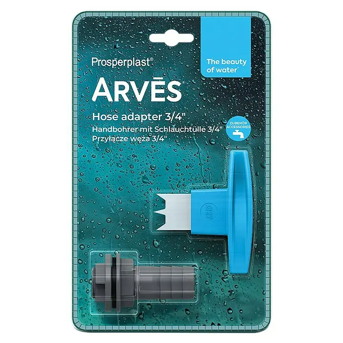 Arves Handbohrer-Set mit Schlauchtülle - Größe Anschluss: ¾″ - Ein grauer 3/4"-Schlauchadapter und ein blaues Handwerkzeug, möglicherweise ein Locher für Schlauchanschlüsse, in transparenter Verpackung.