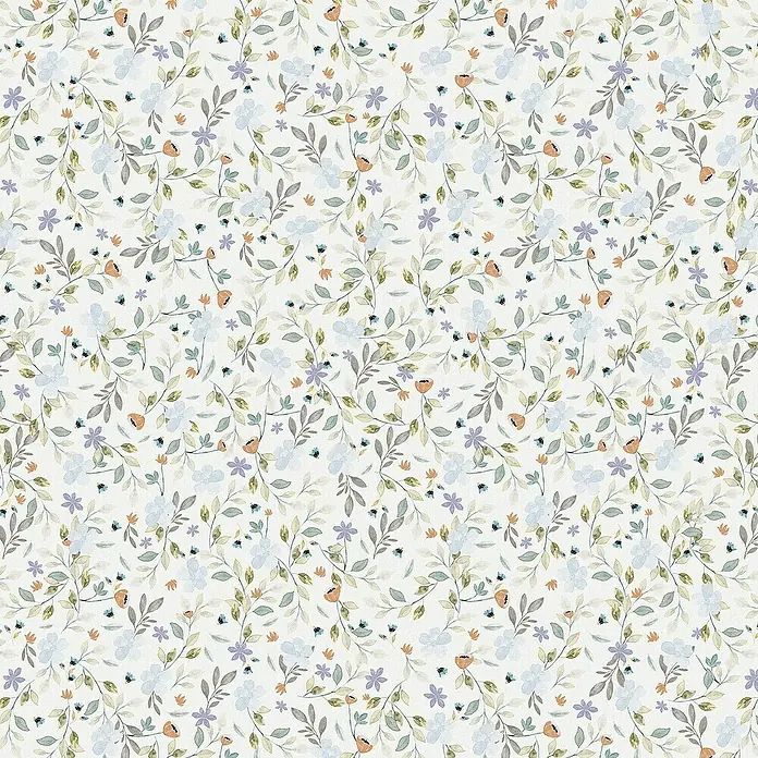 Lámina decorativa autoadhesiva vinílico Premium - 90 x 280 cm, Nastia, Multicolor - Delicado patrón floral con flores azules, moradas y naranjas, perfecto para telas y papeles pintados.