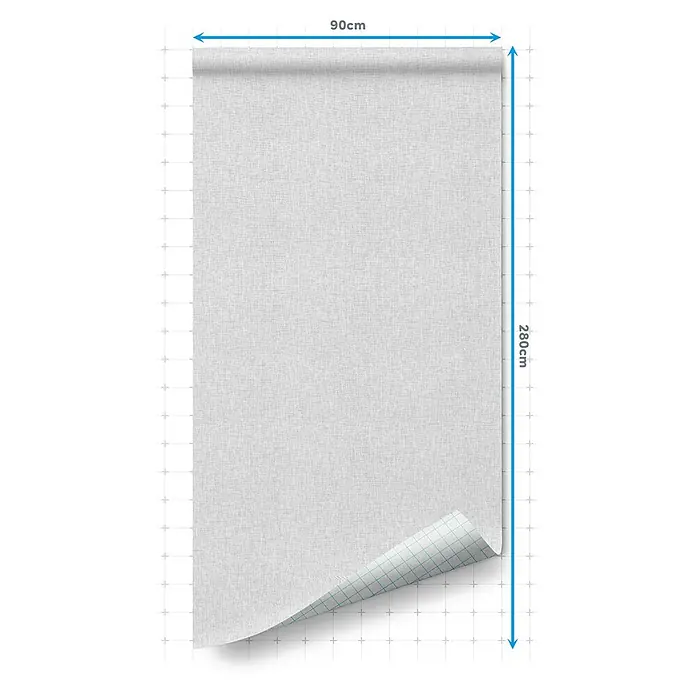Lámina decorativa autoadhesiva vinílico Premium - 90 x 280 cm, Lienzo, Gris - Vista detallada de un papel pintado gris con textura de lino en rollo con dimensiones.