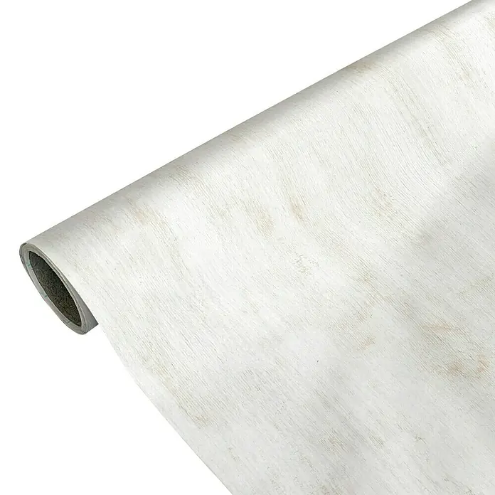 Lámina decorativa autoadhesiva vinílico Premium - 90 x 280 cm, Chalky, Gris - Una vista de un rollo de suelo vinílico con un patrón claro que simula la madera, ideal para interiores modernos.