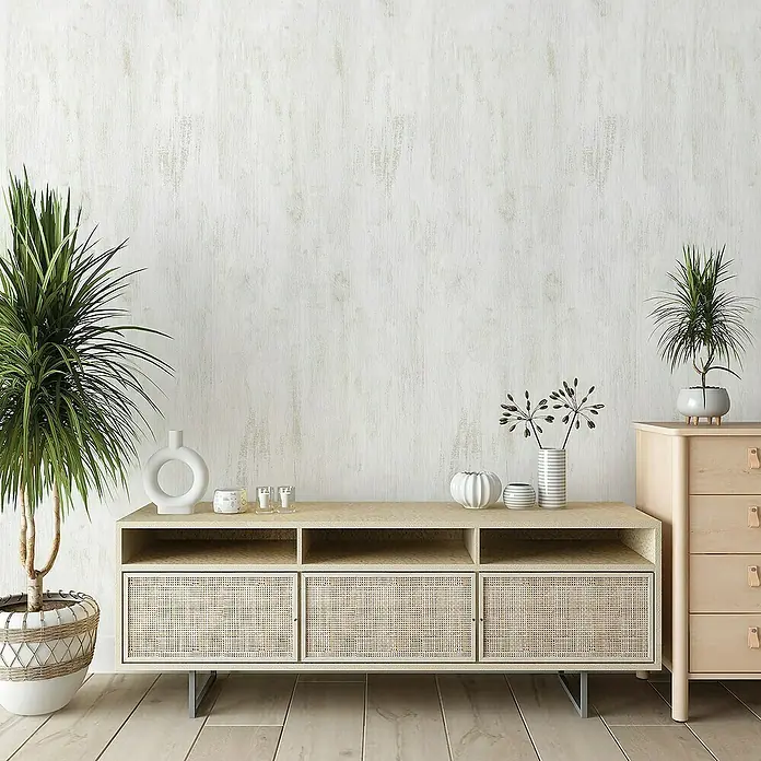 Lámina decorativa autoadhesiva vinílico Premium - 90 x 280 cm, Chalky, Gris - Interior con mueble de TV de madera clara con puertas de ratán, plantas y decoración sobre pared texturizada. Espacio habitable armonioso.