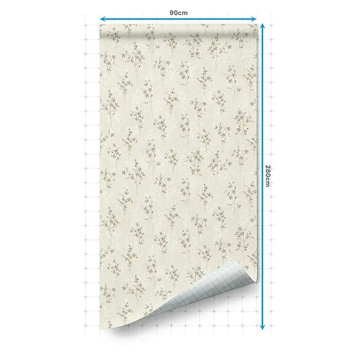 Lámina decorativa autoadhesiva vinílico Premium - 90 x 280 cm, Fiore, Beige - Rollo de lámina decorativa autoadhesiva con estampado floral beis de 90 x 280 cm para muebles y paredes.