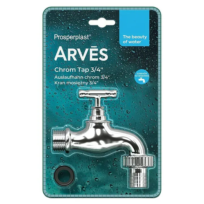 Arves Auslaufhahn - Farbe: Silber - Verchromter Wasserhahn 3/4 Zoll in Klarsichtverpackung.