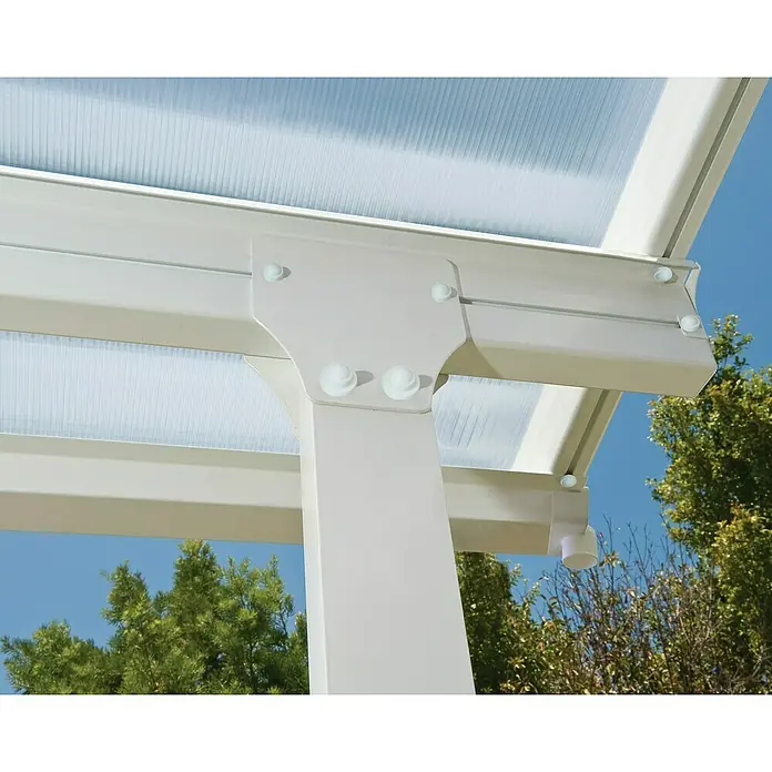Terrassenüberdachung Tuscany LED - B x T: 546 x 300 cm, Verkehrsweiß, Polycarbonat, Transparent - Nahaufnahme einer weißen Terrassenüberdachung mit klarem Dach.