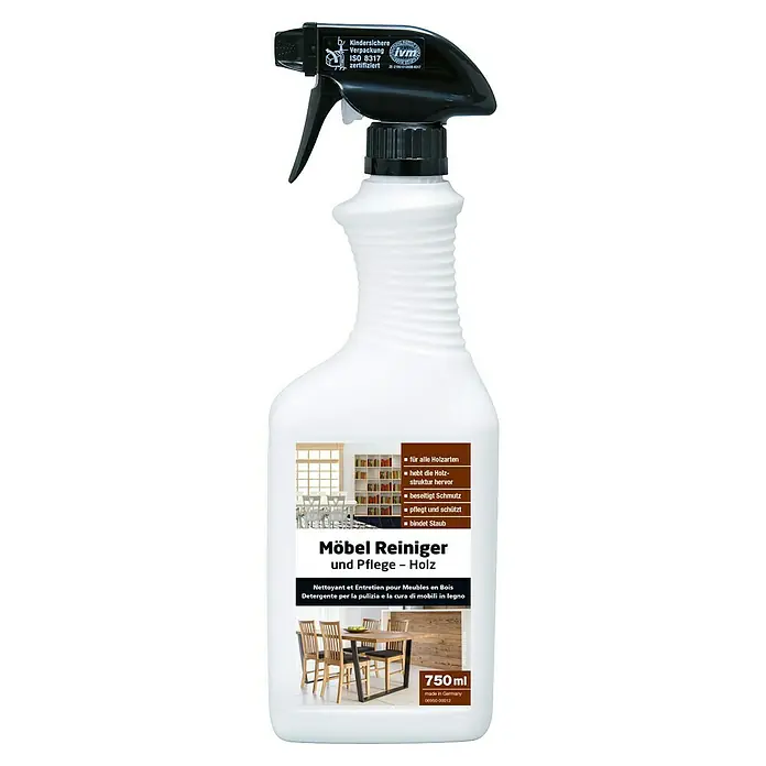 Glutoclean Reinigungs- & Pflegemittel für Holzmöbel - 750 ml - Weiße Sprühflasche für Holzmöbelreiniger, mit schwarzem Sprühkopf. Zur Reinigung und Pflege von Holz.