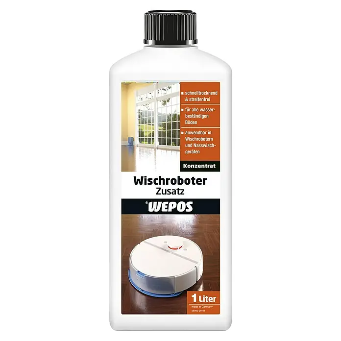 Wepos Reinigungskonzentrat Wischroboter Zusatz - 1 l, Flasche - Weiße 1-Liter WEPOS Konzentratflasche mit schwarzem Deckel für Wischroboter, zeigt Produktmerkmale und einen Saugroboter.