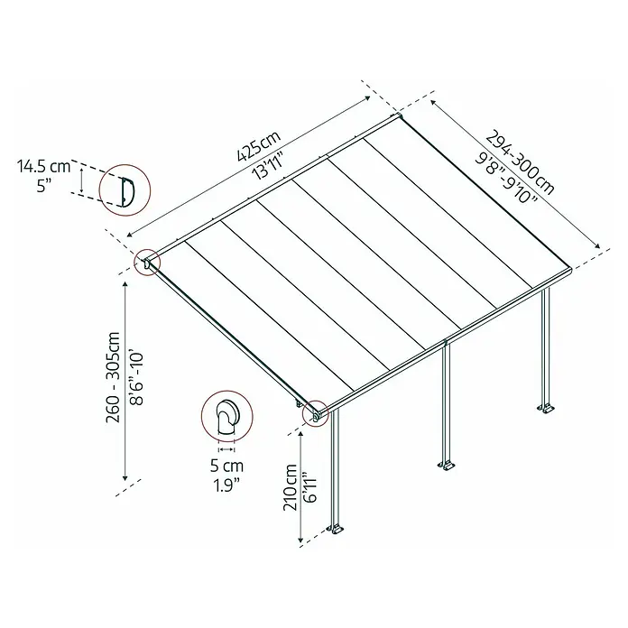 Terrassenüberdachung Tuscany LED - B x T: 425 x 300 cm, Anthrazitgrau, Polycarbonat, Transparent - Eine schematische Darstellung der Abmessungen einer Terrassenüberdachung, einschließlich Höhe, Breite und Dachtiefe.