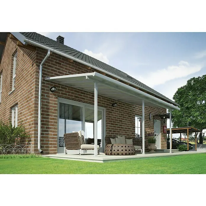 Terrassenüberdachung Tuscany LED - B x T: 546 x 300 cm, Verkehrsweiß, Polycarbonat, Transparent - Terrassenüberdachung aus Aluminium, die Schatten spendet und den Außenbereich stilvoll erweitert. Robuste Konstruktion für langanhaltende Nutzung.