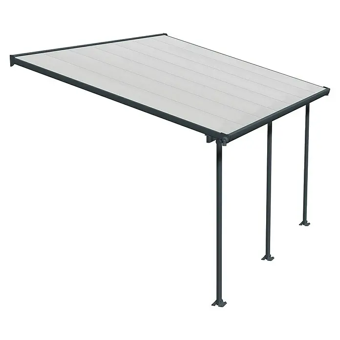 Terrassenüberdachung Tuscany LED - B x T: 425 x 300 cm, Anthrazitgrau, Polycarbonat, Transparent - Das Bild zeigt eine moderne Terrassenüberdachung mit grauen Stützen und einer hellen, horizontalen Dachkonstruktion. Perfekt für den Außenbereich.