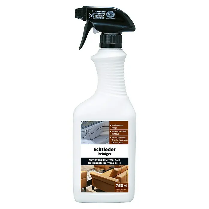 Glutoclean Lederreiniger Echtleder - 750 ml, Flasche mit Sprühkopf - Weiße Sprühflasche Lederreiniger mit schwarzem Sprühkopf.