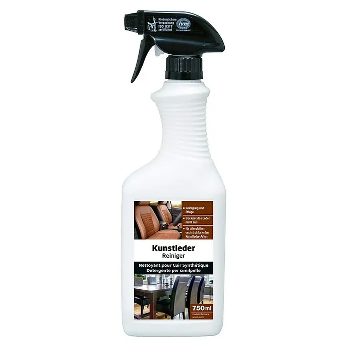 Glutoclean Lederreiniger Kunstleder - 750 ml - Abbildung einer 750 ml Sprühflasche „Kunstleder Reiniger“ mit schwarzem Sprühkopf und weißer Flasche mit Etikett.