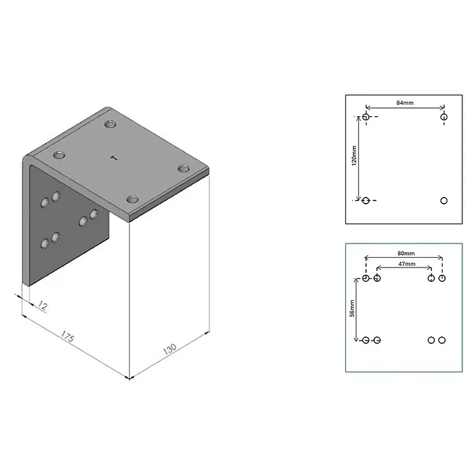 Deckenadapter ALT-ET-DA - 175 x 130 x 175 mm, Tiefschwarz, Passend für: Sunfun Vollkassettenmarkisen Elba - Produktansicht eines Montagewinkels mit Bohrungen und Maßangaben für Montage und Konstruktion.