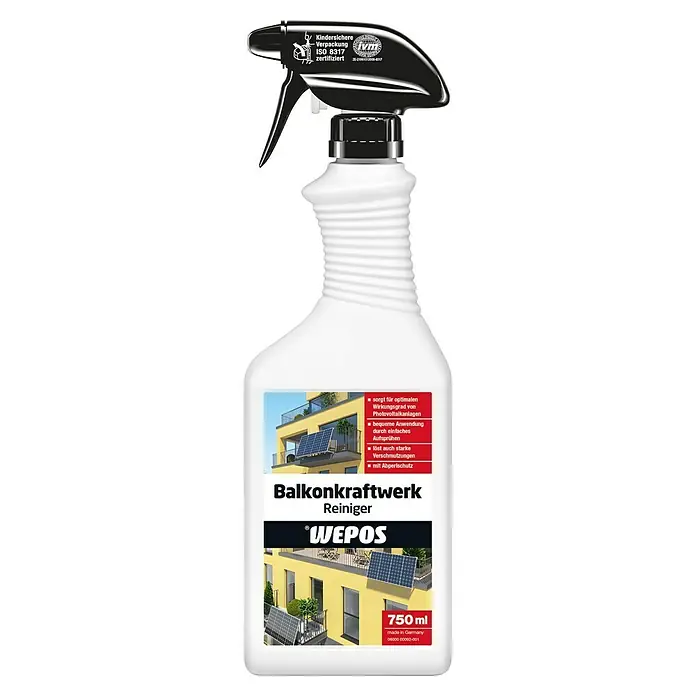 Wepos Reinigungsmittel Balkonkraftwerk - 750 ml, Flasche mit Sprühkopf - Weiße Sprühflasche mit schwarzem Sprühkopf des Wepos Balkonkraftwerk Reinigers, 750ml, für Photovoltaikanlagen.