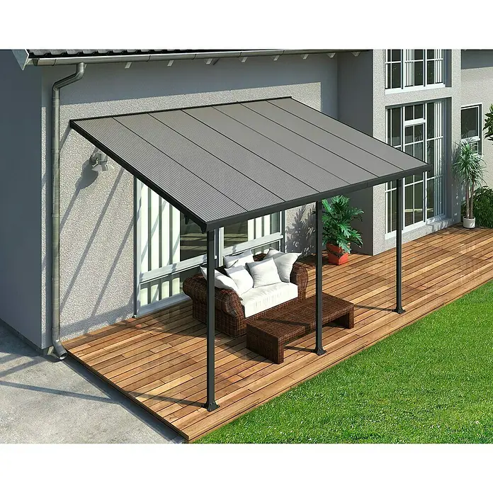Terrassenüberdachung Tuscany LED - B x T: 425 x 300 cm, Anthrazitgrau, Polycarbonat, Transparent - Moderne Terrassenüberdachung mit grauem Dach und dunklem Rahmen, die stilvollen Schatten und Schutz im Außenbereich bietet.
