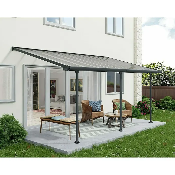 Terrassenüberdachung Tuscany LED - B x T: 546 x 300 cm, Anthrazitgrau, Polycarbonat, Transparent - Ein modernes Terrassendach mit grauen Pfosten und transparentem Dach bietet Schutz und eine stilvolle Erweiterung des Wohnraums im Freien.