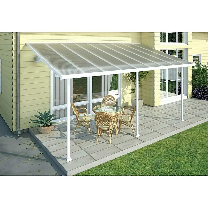 Terrassenüberdachung Tuscany LED - B x T: 546 x 300 cm, Verkehrsweiß, Polycarbonat, Transparent - Terrassenüberdachung mit Tisch und Stühlen. Die Überdachung bietet Schutz vor Sonne und Regen und schafft einen gemütlichen Außenbereich.