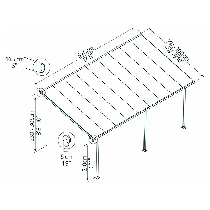 Terrassenüberdachung Tuscany LED - B x T: 546 x 300 cm, Verkehrsweiß, Polycarbonat, Transparent - Technische Zeichnung eines Carports mit Maßangaben zu Länge, Breite und Höhe in Zentimetern und Fuß.