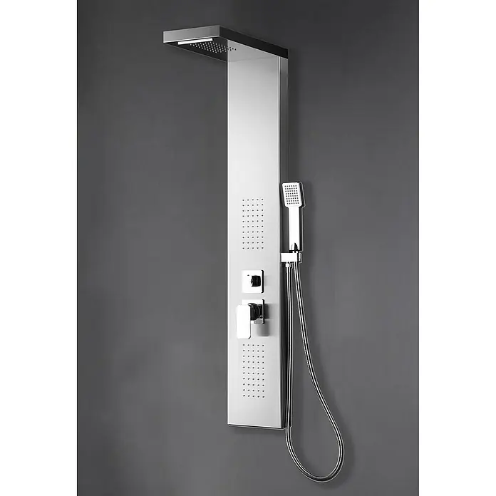 Aurlane Duschpaneel Enya Stainless Steel - Höhe: 121,5 cm, Silber/Grau - Modernes Duschpaneel aus gebürstetem Edelstahl mit Regenduschkopf, Massagedüsen, Handbrause und Bedienelementen.