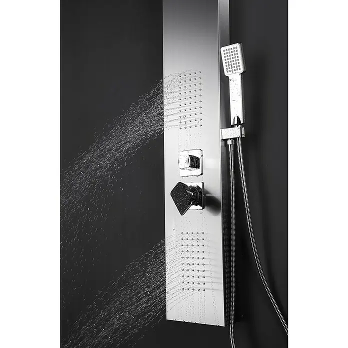 Aurlane Duschpaneel Enya Stainless Steel - Höhe: 121,5 cm, Silber/Grau - Metallisches Duschpaneel mit sprühenden Massagedüsen und Handbrause, mit dunklen quadratischen Bedienelementen.