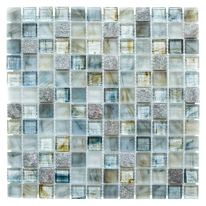 Mosaikfliese Quadrat Crystal Mix XCR 2505 - 30,2 x 30,2 cm, Grau, Glänzend - Mosaikfliese mit einem Mix aus Glas- und Steintexturen, ideal für moderne Innenräume, bietet eine stilvolle und elegante Wandgestaltung.