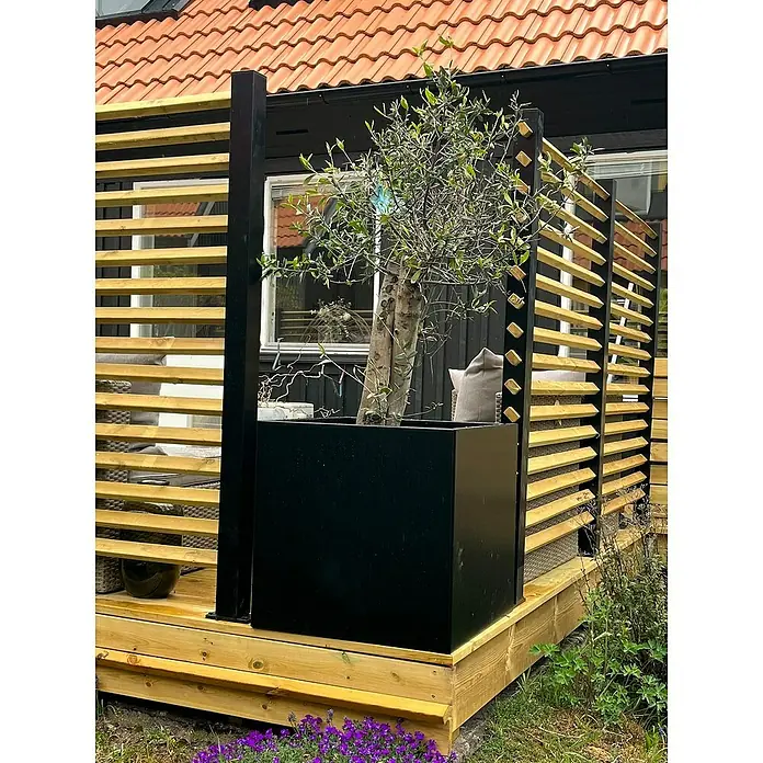 Recal Pflanzkübel eckig - Außenmaß (L x B x H): 55 x 55 x 55 cm, Stahl, Schwarz - Eine schwarze Pflanzbox aus Holz mit einem Olivenbaum auf einer hölzernen Terrasse, die einen modernen und stilvollen Gartenbereich schafft.