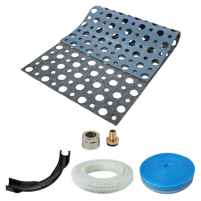 Solarfloor Fußbodenheizung Vlies Komplettpaket - Beheizbare Fläche: 10 m², 600 x 600 mm - Produktübersicht mit Lochblechen, Schlauch, Kabel, Anschlussstück und Band. Ideal für Installationen und Reparaturen.
