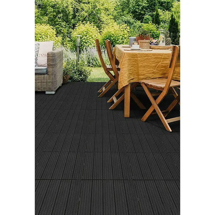 Klickfliese Cosmopolitan - Kunststoff, 45 x 45 x 2,5 cm, Graphite, 1 Stk. - Schwarze Terrassenfliesen schaffen einen modernen Außenbereich. Perfekt für Garten, Balkon oder Terrasse.