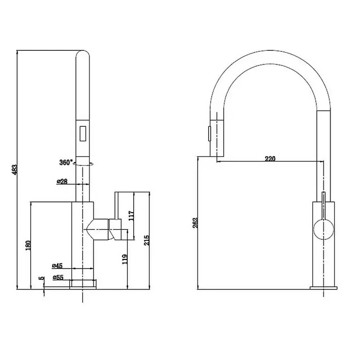 Grifo de cocina extraíble Rea - Antracita, Satinado - Dibujo dimensionado de un grifo de cocina, mostrando detalles de diseño y medidas.