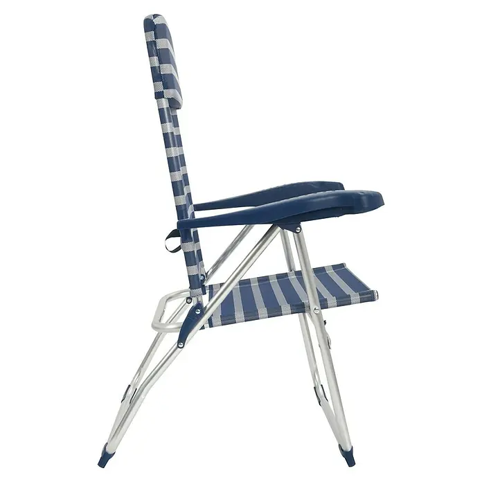Silla de camping Nora - An x Pr x Al: 62 x 65 x 95 cm, Azul/Blanco, Aluminio/Textiline - Vista lateral de una silla plegable con asiento y respaldo a rayas azules y blancas y estructura metálica plateada para uso exterior.