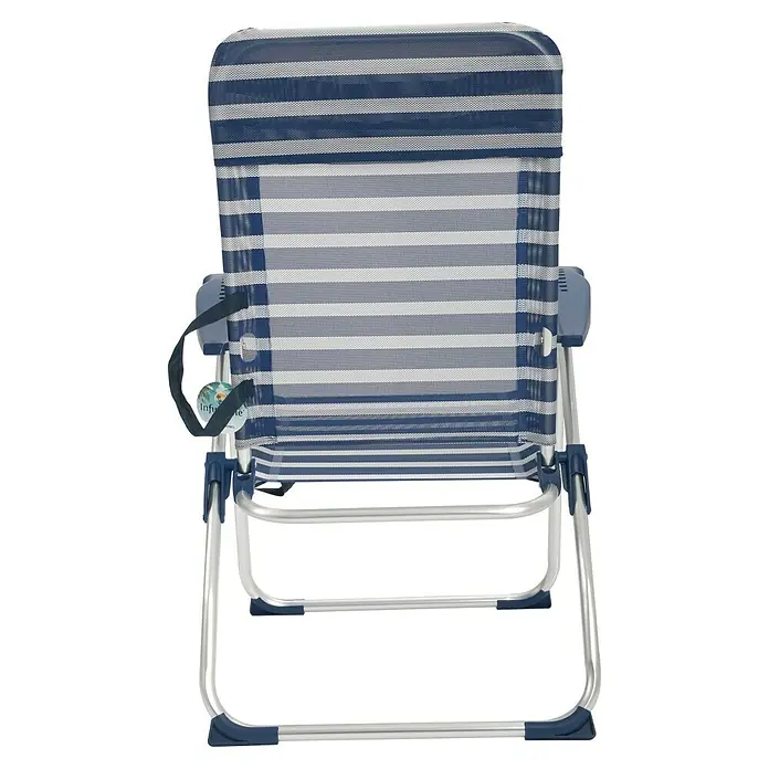 Silla de camping Nora - An x Pr x Al: 62 x 65 x 95 cm, Azul/Blanco, Aluminio/Textiline - Imagen de una silla de playa de rayas azules y blancas con estructura de aluminio, que ofrece comodidad y estilo para las salidas a la playa.