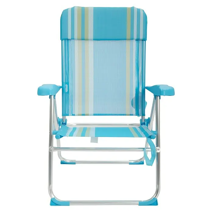 Silla de camping Nora - An x Pr x Al: 62 x 65 x 95 cm, Azul/Blanco, Aluminio/Textiline - Una silla de playa azul a rayas con reposabrazos y estructura plateada, perfecta para tomar el sol en la playa o en el jardín.