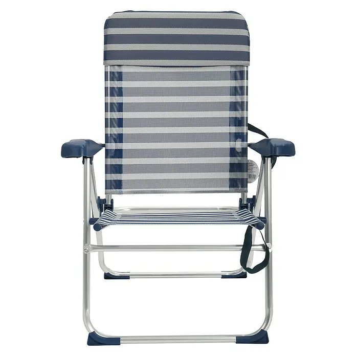 Silla de camping Nora - An x Pr x Al: 62 x 65 x 95 cm, Azul/Blanco, Aluminio/Textiline - Una silla de camping ajustable a rayas con estructura plateada y reposabrazos azules. Ideal para relajarse al aire libre.