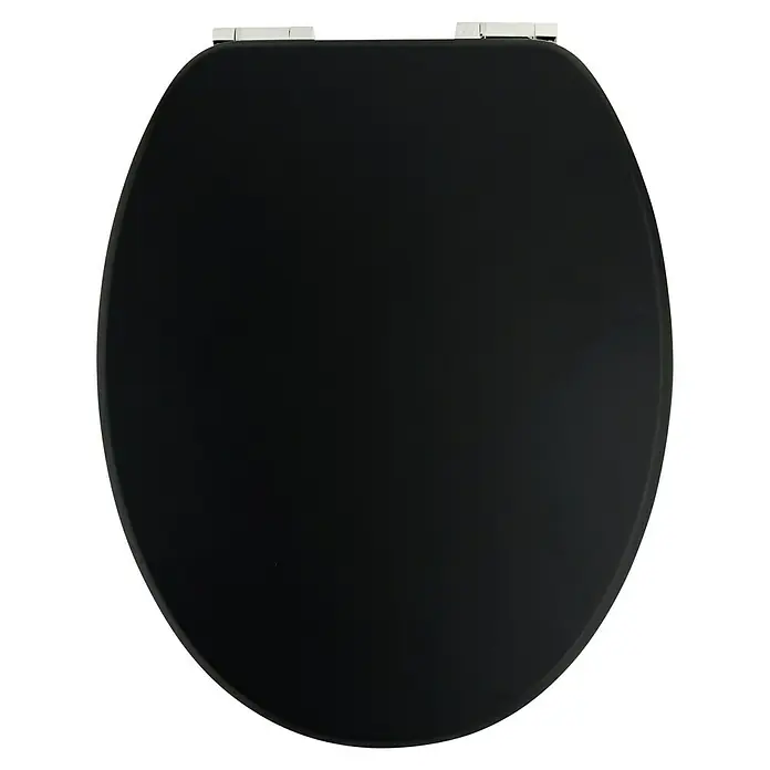 Camargue WC-Sitz Malik - Holz, Schwarz, Mit Absenkautomatik - Nahaufnahme eines schwarzen Toilettensitzes mit silbernen Scharnieren, der ein modernes und elegantes Baddesign bietet.