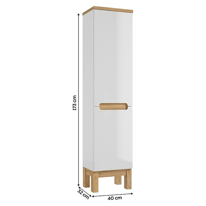 Hochschrank Space System - B x T x H: 40 x 32 x 173 cm, Weiß/Eiche, Glänzend - Schmaler weißer Hochschrank mit Holzakzenten an Ober- und Unterseite sowie einem Griff in der Mitte. Praktisch und stilvoll für jedes Badezimmer.