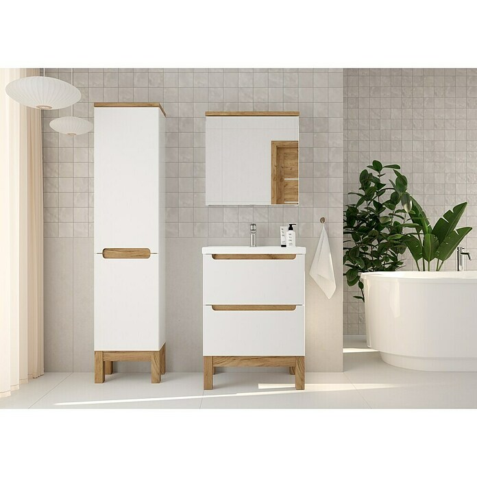 Spiegelschrank Space System (B x H: 60 x 60 cm, Holz, Weiß/Eiche) | BAUHAUS